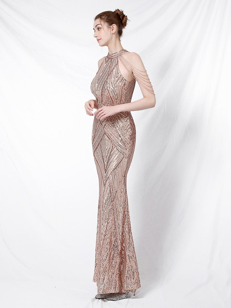 Elegant Halt Neck Diamond Sequin Embroider Formal Dress Mermaid Evening Dress Sleeveless Women Robe De Soriee Gold Vestidos