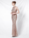 Elegant Halt Neck Diamond Sequin Embroider Formal Dress Mermaid Evening Dress Sleeveless Women Robe De Soriee Gold Vestidos