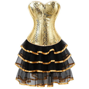Faux Leather Overbust Bustier Corset Dresses for Women Skirt Tutu Set Gothic Corselet Plus Size Burlesque Costume Sexy Party