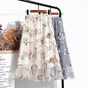 Dragonfly Sequin Embroidered Mesh Midi Skirt Elastic High Waist A-Line Women Summer Skirt