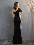 One-shoulder Elegant Long Night Party Dress Christmas Festival Evening Vestidoes Side Slit Lotus Short Sleeve Taffeta Prom Gown