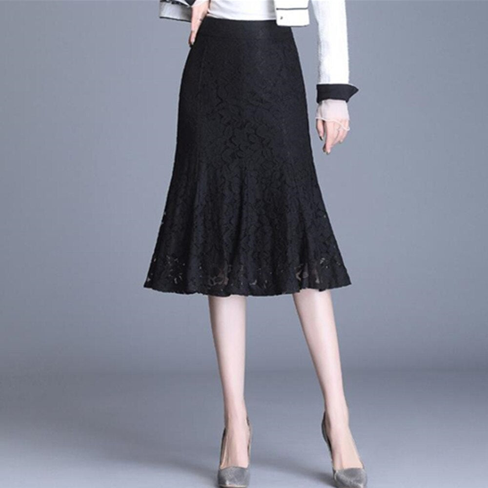 Women Summer Vintage Lace Korean Office Ladies Midi Skirt Sexy Trumpet High Waist OL Black Skirts