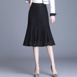 Women Summer Vintage Lace Korean Office Ladies Midi Skirt Sexy Trumpet High Waist OL Black Skirts