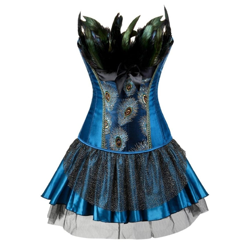 Women Sexy Peacock Feathers Embroidery Overbust Corset Bustier Lingerie Top With Mesh Mini Skirt Set Burlesque Corset Dress