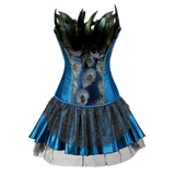 Women Sexy Peacock Feathers Embroidery Overbust Corset Bustier Lingerie Top With Mesh Mini Skirt Set Burlesque Corset Dress