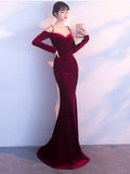 Vintage Velvet Evening Dresses Long-sleeve Off-shoulder Gowns Sexy Backless High Split Robe De Soriee Diamond Formal Dress