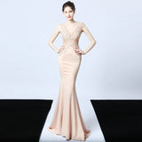 Green V-neck Appliques Beading Long Satin Evening Dress See-through Back Elegant Evening Party Dress
