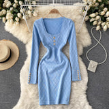 Autumn Winter Elegant Vintage Sexy Knitted Bodycon Dress Square Neck Long Sleeve Button Mini Dress