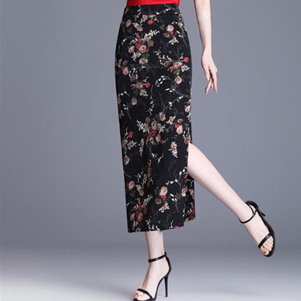 Women Floral Vintage Office Work Business Print Slim Hips-Wrapped Bodycon Pencil Skirt