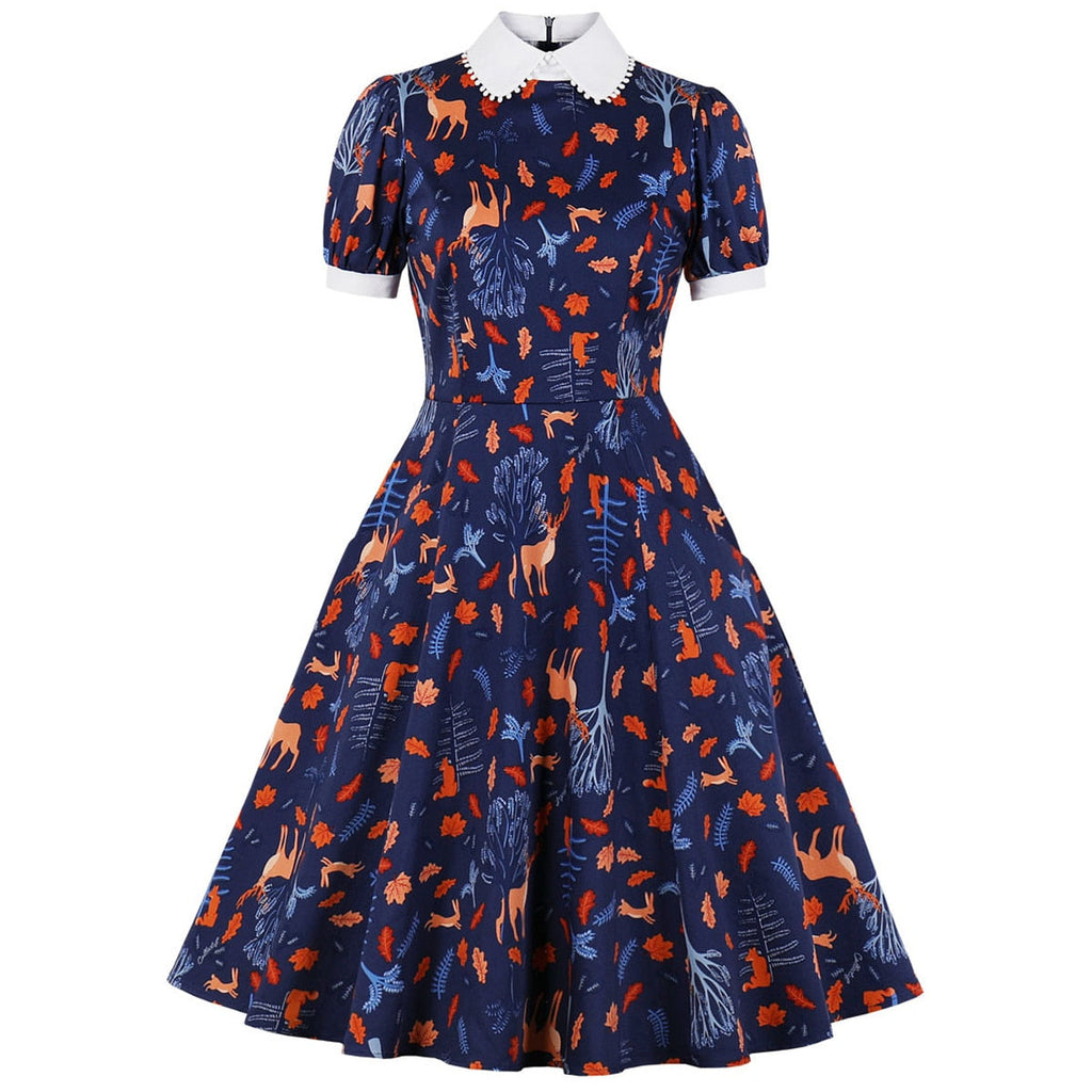 Christmas Women Party Retro Dress Cotton Floral Print Turn Down Collar Short Sleeve Pin Up Rockabilly Swing Casual Sundress