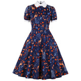 Christmas Women Party Retro Dress Cotton Floral Print Turn Down Collar Short Sleeve Pin Up Rockabilly Swing Casual Sundress