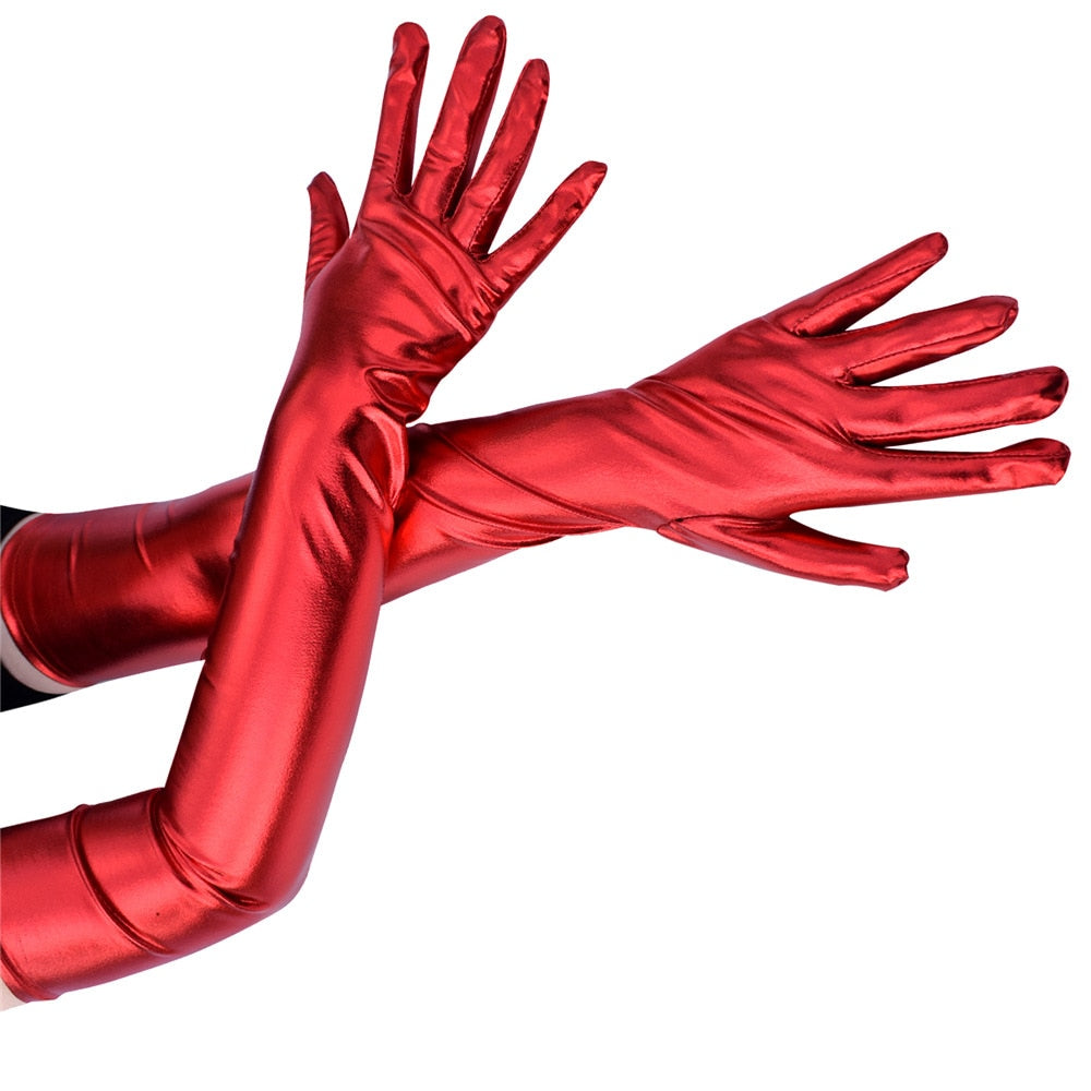 Stretch PU Leather Skinny Long Glove Punk Rock Hip Hop Jazz Disco Dance Gloves Shiny Metallic Mittens Cosplay Accessory