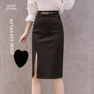 Women High Waist Spring Office Style All-match Elegant Slim Ladies Knee-length Pencil Skirt With Belts