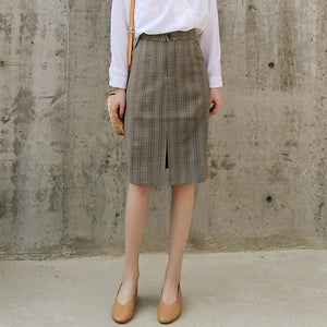 Office Lady Elegant Pencil Skirts Korean Style Vintage Plaid Knee-length Women High Waist Pencil Skirt