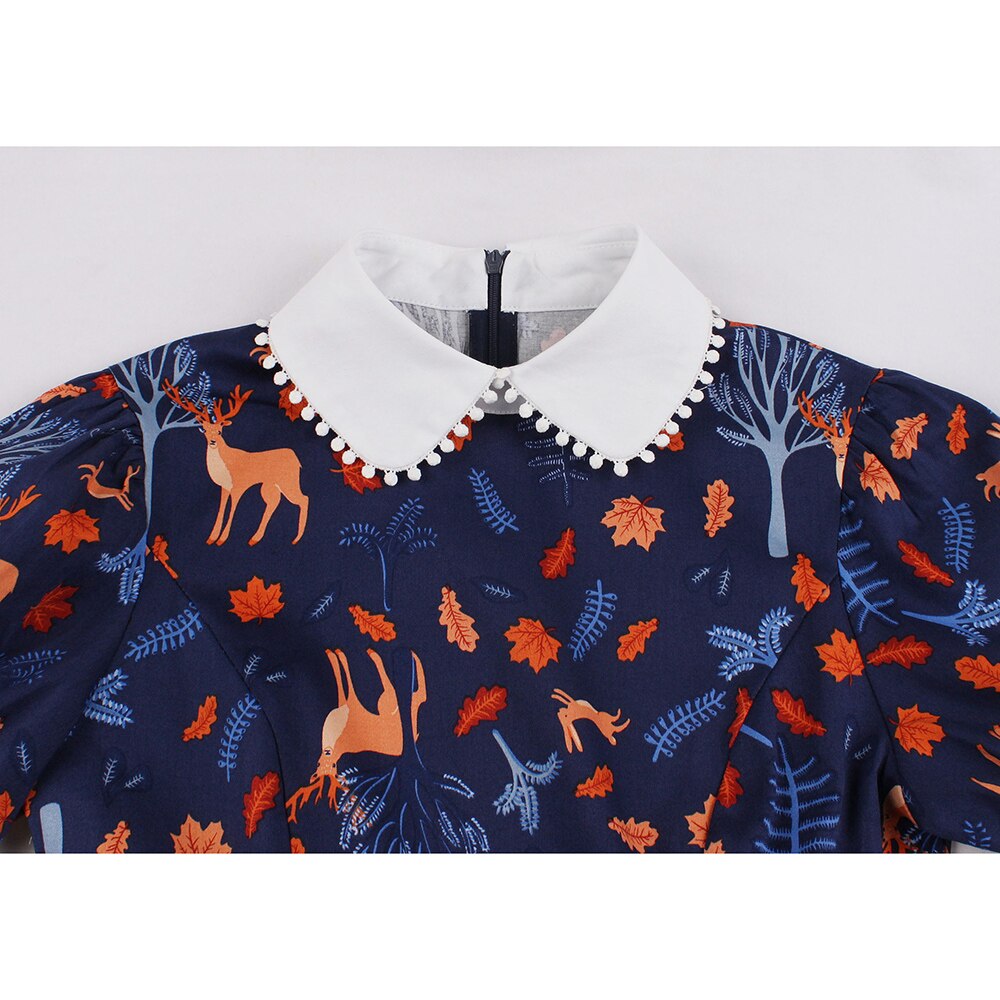 Christmas Women Party Retro Dress Cotton Floral Print Turn Down Collar Short Sleeve Pin Up Rockabilly Swing Casual Sundress