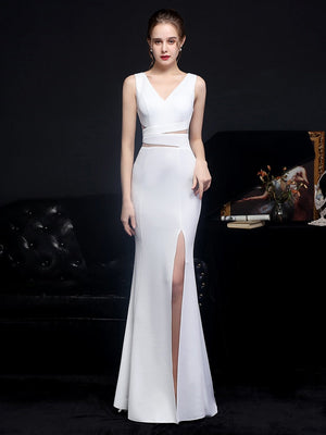 Women Elegant V Neck Backless Party Maxi Dress Beads Formal White Evening Dress