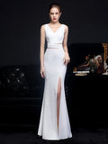 Women Elegant V Neck Backless Party Maxi Dress Beads Formal White Evening Dress