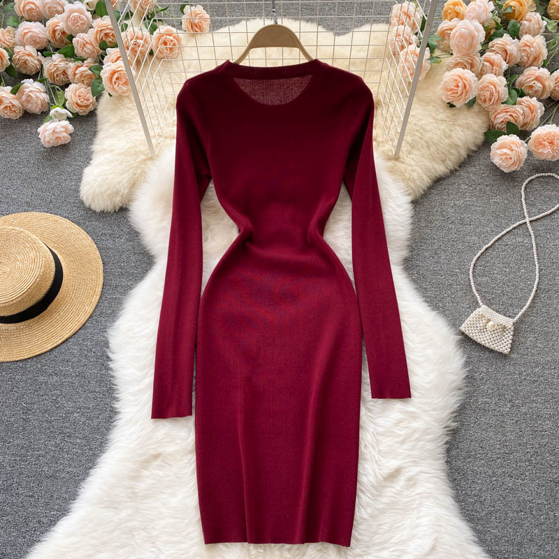Autumn Winter Dress Women Clothing Crew Neck Long Sleeve Knitted Dress Front Lace Up Night Club Sexy Bodycon Dress