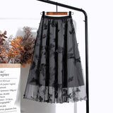 Woman Elegant Vintage Butterfly Embroidered A-Line Mesh Midi Skirt Elastic High Waist Summer Skirts