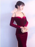 Vintage Velvet Evening Dresses Long-sleeve Off-shoulder Gowns Sexy Backless High Split Robe De Soriee Diamond Formal Dress