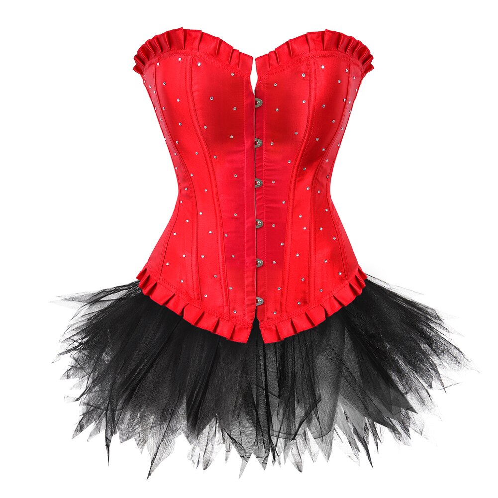 Sexy Rhinestones Brocade Frill Corset Skirt Set Women Fashion Party Corset Bustier Lingerie Top With Mesh Tulle Mini Tutu Skirt
