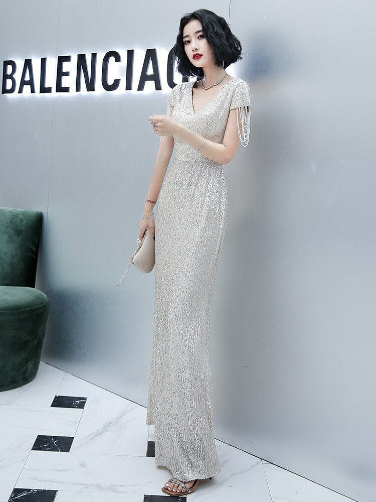 V-neck Sequins Evening Dress Women Elegant Beaded Long Evenning Party Dress Mermaid Formal Dresses