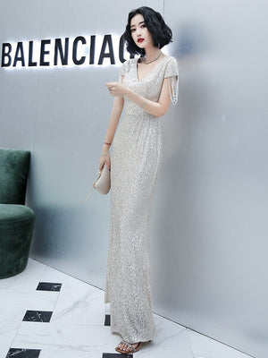 V-neck Sequins Evening Dress Women Elegant Beaded Long Evenning Party Dress Mermaid Formal Dresses