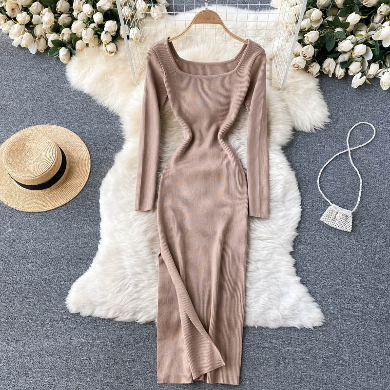Autumn Winter Elegant Square Neck Long Sleeve Ribbed Knitted Dress Sexy Slit Bodycon Midi Dress
