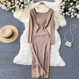 Autumn Winter Elegant Square Neck Long Sleeve Ribbed Knitted Dress Sexy Slit Bodycon Midi Dress