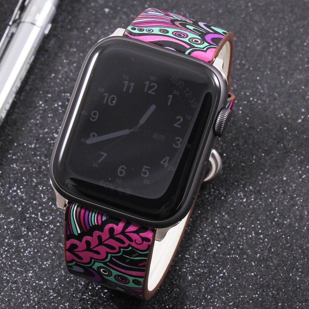 Band for apple watch 5 4/3/2/1 38MM 40MM Floral Paragraph Leather Replacement Strap for Apple iWatch Series 5 4/3/2/1 42 44MM