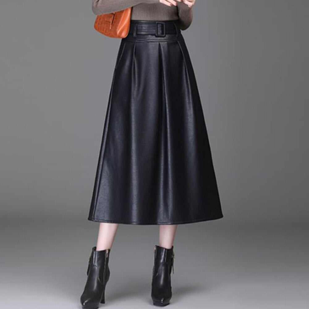 Women Faux Leather Elegant Ladies Office Long Solid Color High Waist A-Line Pleated Maxi Skirts