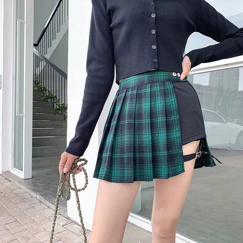 Women Plaid Skirt Mini Short High Waist Flared A-Line Skater Bandage Retro  Green