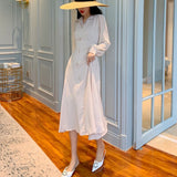 Autumn Women Vintage Slim Waisted Dresses Female Chic Midi Long Sleeve Chiffon Shirt Dress Vestidos