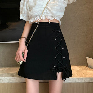 Women High Waist Mini Skirts Korean Style All-match Lace-up Ladies Elegant A-line Black Skirt