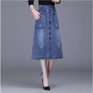 Long Denim Summer Korean High Waist Button Midi Skirt Women Elegant A Line Jeans Skirts
