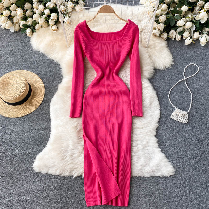 Autumn Winter Elegant Square Neck Long Sleeve Ribbed Knitted Dress Sexy Slit Bodycon Midi Dress