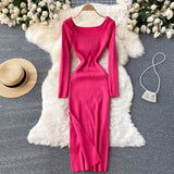 Autumn Winter Elegant Square Neck Long Sleeve Ribbed Knitted Dress Sexy Slit Bodycon Midi Dress