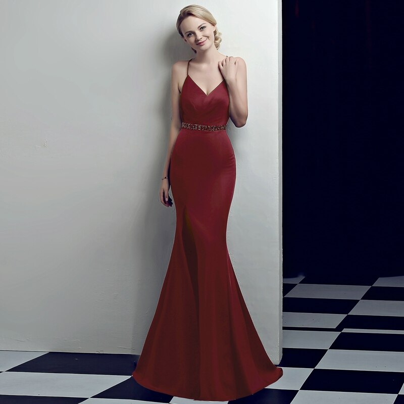 Women's Backless Strap Cross Slit Long Prom Dress Sexy Beads Prom Party Dress