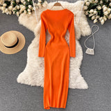 Autumn Winter Midi Dresses For Women Elegant V Neck Long Sleeve Ribbed Knitted Dress With Slit Sexy Bodycon Dress