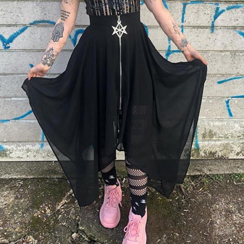 Solid High Waisted Asymmetrical Chiffon Long Punk Skirt Streetwear Goth Black Skirts
