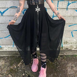Solid High Waisted Asymmetrical Chiffon Long Punk Skirt Streetwear Goth Black Skirts