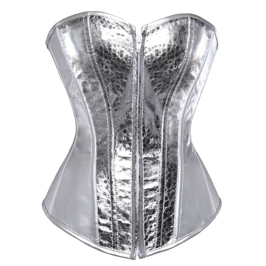 Women Sexy Faux Leather Overbust Corset Bustier Showgirl Waist Cincher Burlesque Corset Lingerie Top Gold/Silver S-6XL