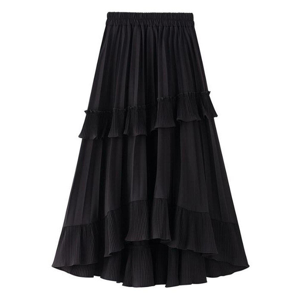 Autumn Summer Long Vintage Women Ruffles Spring Solid Casual Loose Elastic Waist Skirts