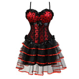 Women Victorian Vintage Corset Dress Sexy Lace Dot Print Straps Corset Bustier Top With Striped Mesh Mini Tutu Skirt Set