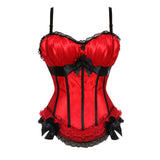 Women Sexy Satin Striped Lace Overbust Corset Bow Cup Straps Corset Zipper Side Waist Cincher Corsets Bustiers Lingerie Top
