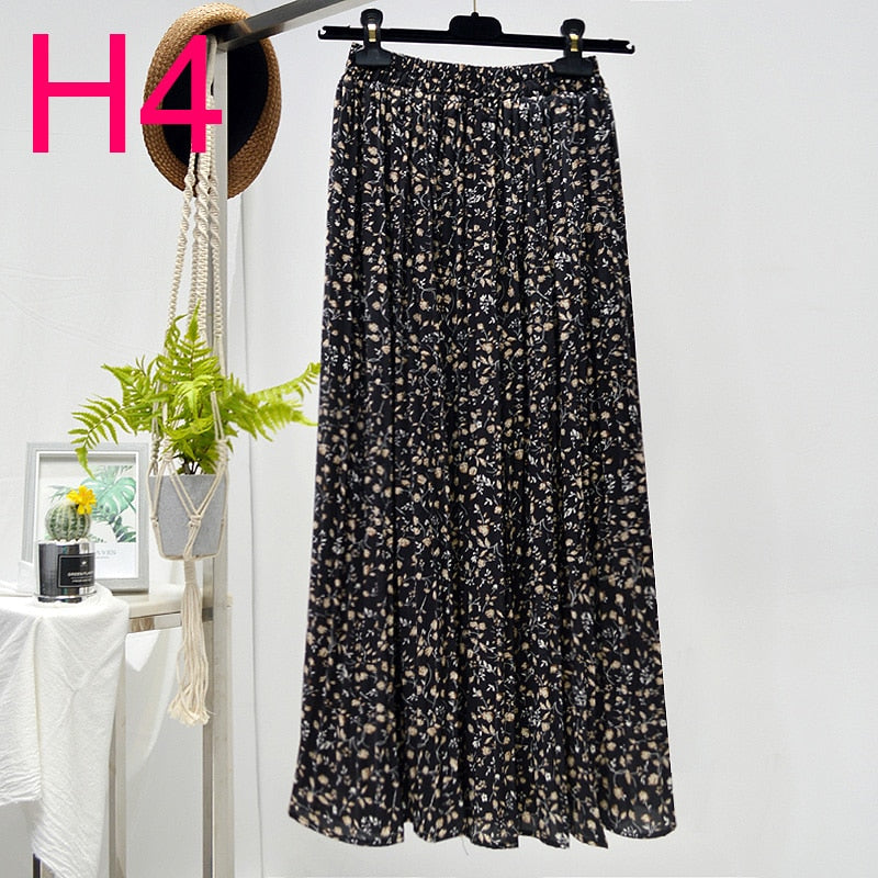 Summer New Vintage Floral Print Chiffon Pleated Skirt Elastic High Waist Casual Midi Skirt