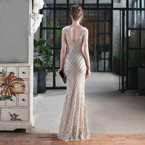 Deep V Neck Sliver Sequin Evening Dress Sexy Party Maxi Dress Women Beads Dress