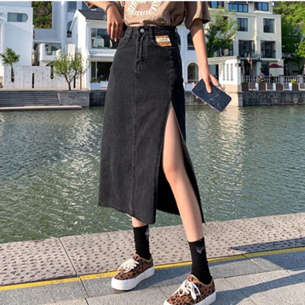 Jeans Long Goth Denim Maxi Skirt Side Slit Women Summer Punk Black