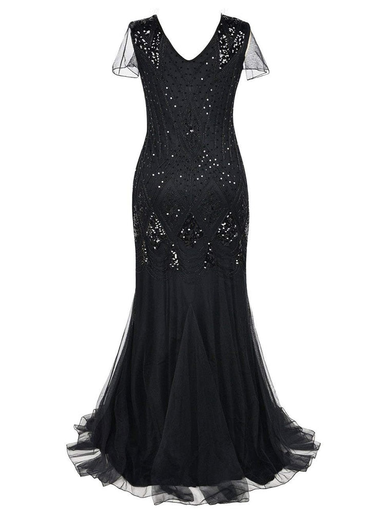 Formal Retro 1920s Sequin Evening Dress V-Neck Short Sleeve Mesh Bead Fishtail Skirt