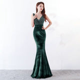 New V-neck Beading Long Evening Dress Sexy Backless Velour Evening Party Dress